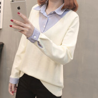 亚瑟魔衣针织衫韩版女士毛衣短款针织假两件衬衫领打底衫SH-18-69 米白色 均码