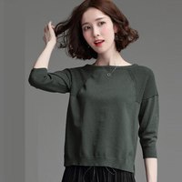 亚瑟魔衣冰丝针织衫女春夏韩版套头冰麻短款宽松七分袖薄款打底衫女上衣SH-04 军绿色 均码