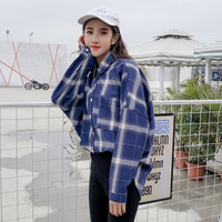 朗悦女装 长袖衬衫女2019春季新款BF蝙蝠袖大格衬衣学院风外套 LWCC187217 蓝色 均码