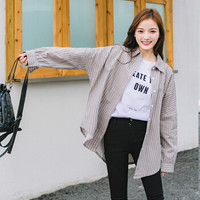 朗悦女装 长袖衬衫女2019春季新款竖条纹衬衣学院风宽松薄外套 LWCC187428 浅卡其 M