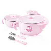 有券的上：子初辅食碗 婴儿碗勺 儿童宝宝餐具套装 注水保温吸盘碗 5件套（316不锈钢）粉色款+凑单品