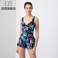 弈姿女士泳衣 女 大码保守连体裙式游泳衣 女 遮肚显瘦温泉泳衣泳装 EZI18W105 黑底大花 S