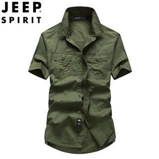 吉普（JEEP）短袖衬衫 男士商务休闲宽松衬衣上衣时尚纯色衬衫男 RSC244 军色 XL