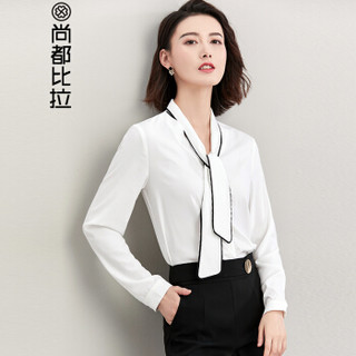 尚都比拉（Sentubila）2019春季新款女装撞色系带衬衫简约百搭职业长袖雪纺衫 183V0521250 白色 M