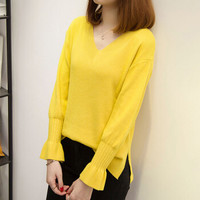 朗悦女装 长袖针织衫女2019春季新款韩版宽松套头打底衫毛衣学生上衣 LWYC188160黄色1均码