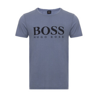 HUGO BOSS 雨果博斯 奢侈品 男士蓝灰色LOGO图案棉质圆领短袖T恤 50379235 463 XL码