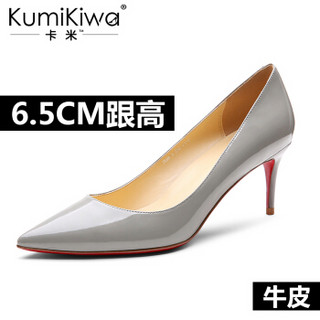KumiKiwa 漆皮头层牛皮细跟浅口尖头高跟单鞋 K16QN3329 灰色6.5CM 34
