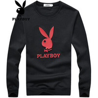 花花公子PLAYBOY卫衣男2019春装时尚休闲圆领套头长袖上衣潮流印花男装 黑色 3XL