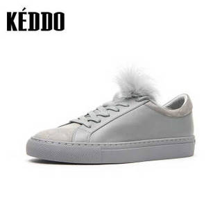 KEDDO 牛皮浅口女鞋时尚潮流简单单鞋平底鞋休闲小白鞋CN087KD177/01KD 灰色 36