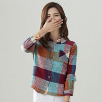 南极人（Nanjiren）衬衫女时尚百搭长袖打底衫韩版宽松格子衬衫女 深色格子 M