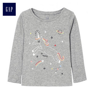 Gap旗舰店 闪耀图案长袖圆领基本款T恤 356426 麻灰色独角兽 110cm(5T)