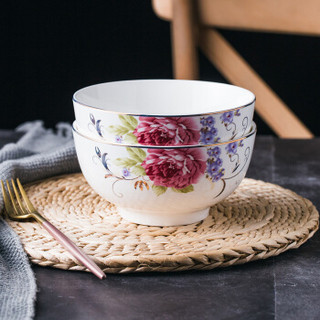 传旗 陶瓷餐具 陶瓷碗（6英寸）大碗 创意情侣面碗汤碗饭碗2只装 红牡丹
