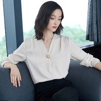 瑜珏（YuJue）2019春季新款 韩版OL气质V领纯色心机上衣设计感职业衬衣女 BBJF701 杏色 M