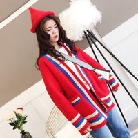 朗悦女装 2019春季新款韩版女装学生百搭长袖外套时尚显瘦针织开衫中长款LWYC188135 红色 均码