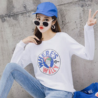 JOY OF JOY 2018年秋装新款韩版休闲时尚图案印花长袖T恤女上衣女圆领打底衫女 JWTC188143 白色 M