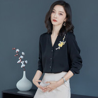 瑜珏（YuJue）2019春季新款 韩版OL通勤梅花刺绣V领时尚设计感纯色休闲百搭衬衫女 BBJF705 黑色 XL