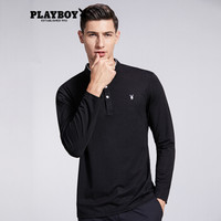 花花公子 PLAYBOY 男士纯色新品2018秋冬季休闲打底长袖POLO衫 DH01180849 黑色 180/XL/52