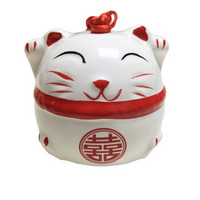 佳茉 陶瓷糖盒个性创意招财猫喜糖盒结婚订婚满月伴手礼糖盒 喜猫 送红纱袋