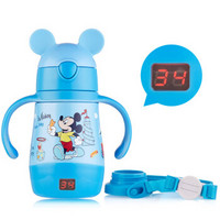 迪士尼（Disney）宝宝吸管杯学饮杯 儿童保温杯 婴儿水杯带手柄背带水壶带温度显示 蓝色米奇290ml