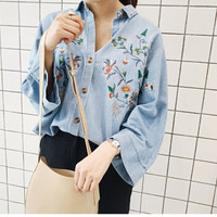 JOY OF JOY 2019春季新款牛仔衬衣女宽松韩版宽松怀旧刺绣衬衫女外套 JWCC188362 蓝色 M