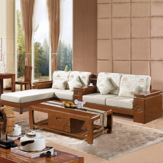 中伟实木沙发组合转角带中柜布艺沙发现代简约新中式沙发含茶几350*185*80cm/胡桃色#815