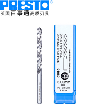 百事通（PRESTO）进口钻头高速钢直柄麻花钻咀01080（直径:5.8mm 刃长:57.0mm 全长:93mm）