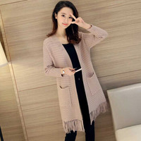 亚瑟魔衣针织衫女开衫2018秋冬新款韩版中长款下摆流苏麻花宽松毛衣外套SH-9190 卡其色 均码