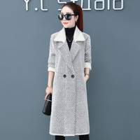 尚格帛 2018冬季新品女装毛呢大衣女仿水貂绒大衣韩版时尚针织格子毛呢风衣外套 HZCZ2078-6812GB 黑色 L