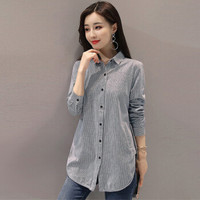 一塘晨2019年春新款翻领条纹单排扣长袖圆弧下摆中长款气质简约衬衫 S83R0018CA497L 蓝白条纹L