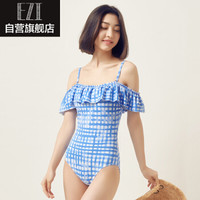 弈姿女士泳衣 修身荷叶边游泳衣 温泉显瘦度假泳装 EZI18W130 蓝色格纹 S