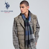 美国马球协会 U.S. POLO ASSN.U.S.POLO 羊毛围巾男水纹格子围脖男秋冬加厚保暖时尚欧美风围脖京配礼盒装 PWJOO-60054 灰绿格