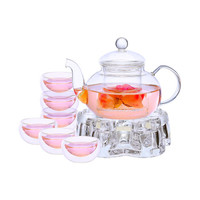 明尚德玻璃茶具套组 一壶六杯带底座 可明火加热花茶壶套组 整套功夫茶具tz043
