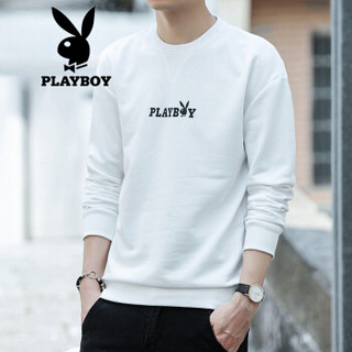 花花公子PLAYBOY 卫衣男2019春装新款韩版休闲百搭长袖T恤时尚宽松上衣男 白色 3XL