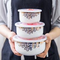 洛威 保鲜碗 陶瓷碗具套装保鲜盒便当盒三件套带盖 爱琴海