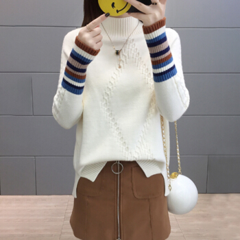 LAXJOY 朗悦 新款韩版宽松针织衫女学生套头毛衣拼色半高领打底衫 LWYC189324