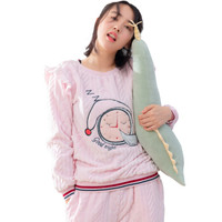 海之宁 法兰绒睡衣女可外穿家居服甜美可爱冬季加厚保暖珊瑚绒睡衣裤套装宽松套头 H81DWJT044粉色闹钟 M码