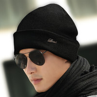 北诺（BETONORAY）帽子男羊毛毛线帽男士冬季加绒加厚保暖护耳帽围巾套装女士包头针织帽 黑色 单帽