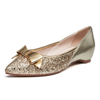 Universe 浓情漫宇 低跟尖头浅口蝴蝶结羊皮女单鞋子 E314 金色 38