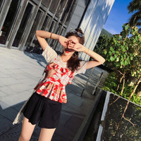 亦美珊 YI MEI SHAN分体两件套泳衣女裙式保守遮肚小胸聚拢显瘦性感蕾丝短袖女款游泳衣 YMS188373 红底印花 L