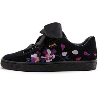 PUMA 彪马 女子休闲鞋蝴蝶结刺绣板鞋 SUEDE HEART FLOWERY 运动鞋 367811 01 黑色 35.5码