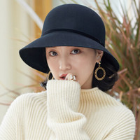 677888礼帽女秋冬天韩版潮流冬季时尚盆帽羊毛呢毡帽渔夫帽秋季英伦复古秋天 黑色 可调节