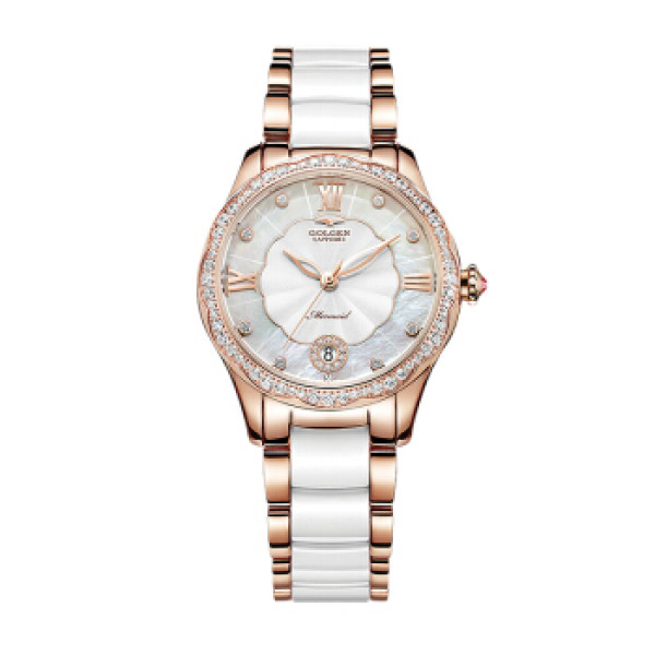 商品古尊golgen 手表女美人鱼系列时尚潮流石英表女士镶钻陶瓷手表 间