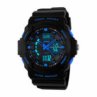时刻美 skmei 手表男士户外运动表青少年学生夜光双显电子表 蓝色中号 48mm 黑色 黑色 PU胶