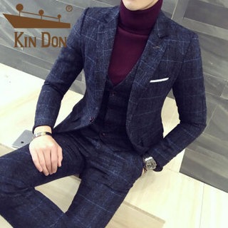 金盾（KIN DON）西服套装 男新款商务休闲韩版修身大码格子英伦西装三件套 C317-TZ50 蓝色 4XL