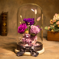 花逅 永生花玻璃罩带灯礼盒三朵彩色大号玫瑰女友送老婆520表白节礼物