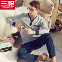 三枪(THREEGUN)家居服男睡衣磨毛弹力棉秋冬新品棉质翻领全开襟男士家居套装 男款浅麻灰 L