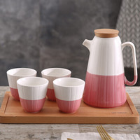 松发 陶瓷水杯套装 一壶四杯带木托盘水具套装杯子马克杯咖啡杯牛奶杯(粉色)