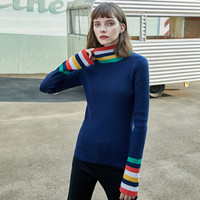 PASS2019春装拼色高领毛衣女修身学生白色打底针织衫潮 宝蓝色 L