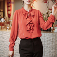 欧偲麦 女衬衫长袖2018雪纺衫女新款衬衣女秋季蝴蝶结打底衫女士上衣韩版休闲宽松 ZY-8830180 红色 M