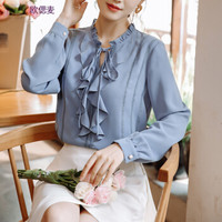 欧偲麦 女衬衫长袖2018雪纺衫女新款衬衣女秋季蝴蝶结打底衫女士上衣韩版休闲宽松 ZY-8830180 蓝色 M